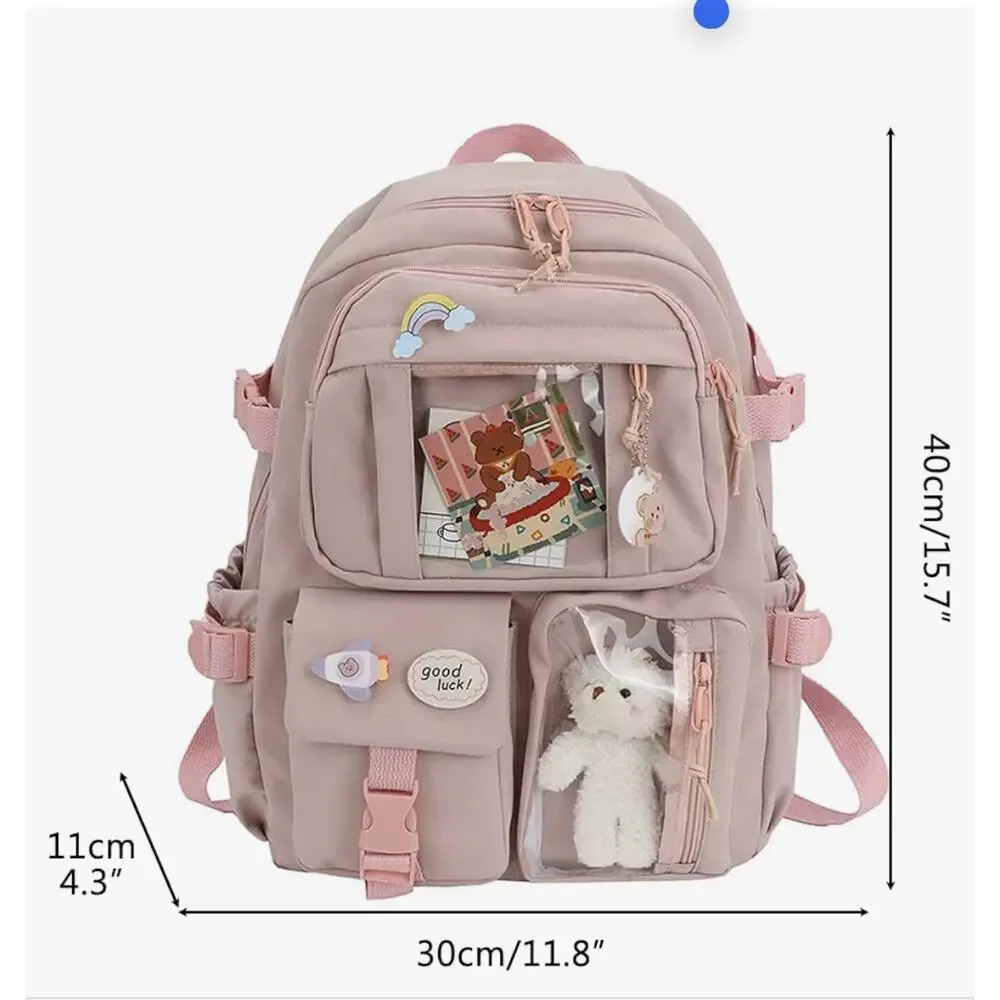 Pink Kids Backpack w/ Laptop Compartment, Bear bag charm and pins included
